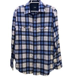IZOD Button Down‎ Shirt Mens Medium Long Sleeve Blue Gray Plaid Front Pockets